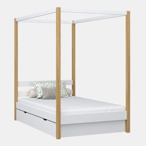 Cama individual de madeira com dossel e gaveta N01 branco e carvalho