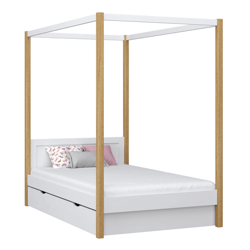 Cama individual de madeira com dossel e gaveta N02 branco e carvalho Cama individual de madeira com dossel e gaveta N02 branco e carvalho