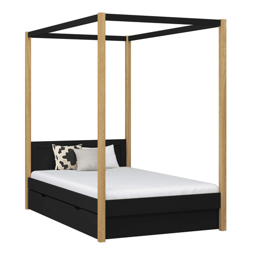 Cama individual de madeira com dossel e gaveta N02 preto e carvalho