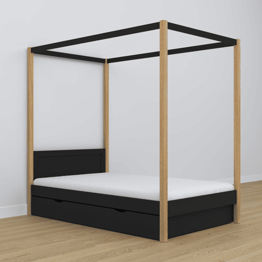 Cama individual de madeira com dossel e gaveta N02 preto e carvalho