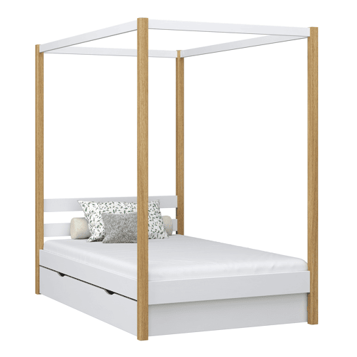 Cama individual de madeira com dossel e gaveta N01 branco e carvalho Cama individual de madeira com dossel e gaveta N01 branco e carvalho