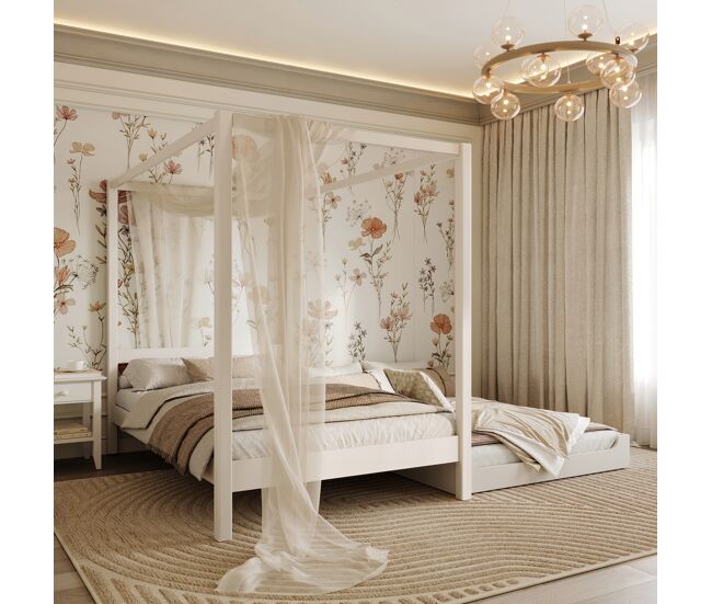 Cama individual de madera con dosel y cajón para colchón n01 blanco