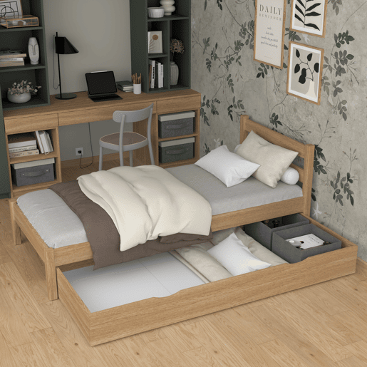 Cama individual de carvalho com gaveta N01 carvalho natural
