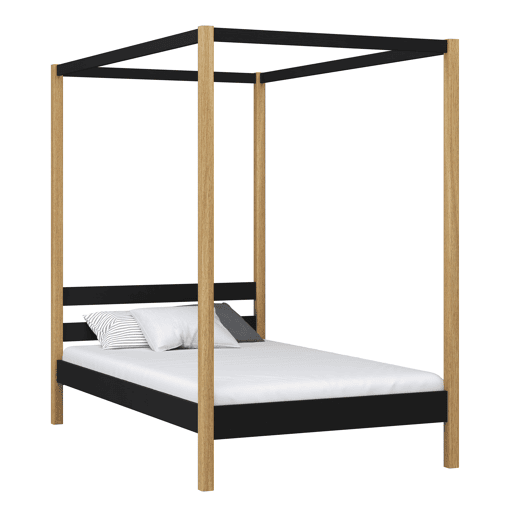 Cama individual de madeira com dossel N01 preto e carvalho