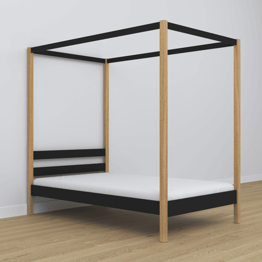 Cama individual de madeira com dossel N01 preto e carvalho