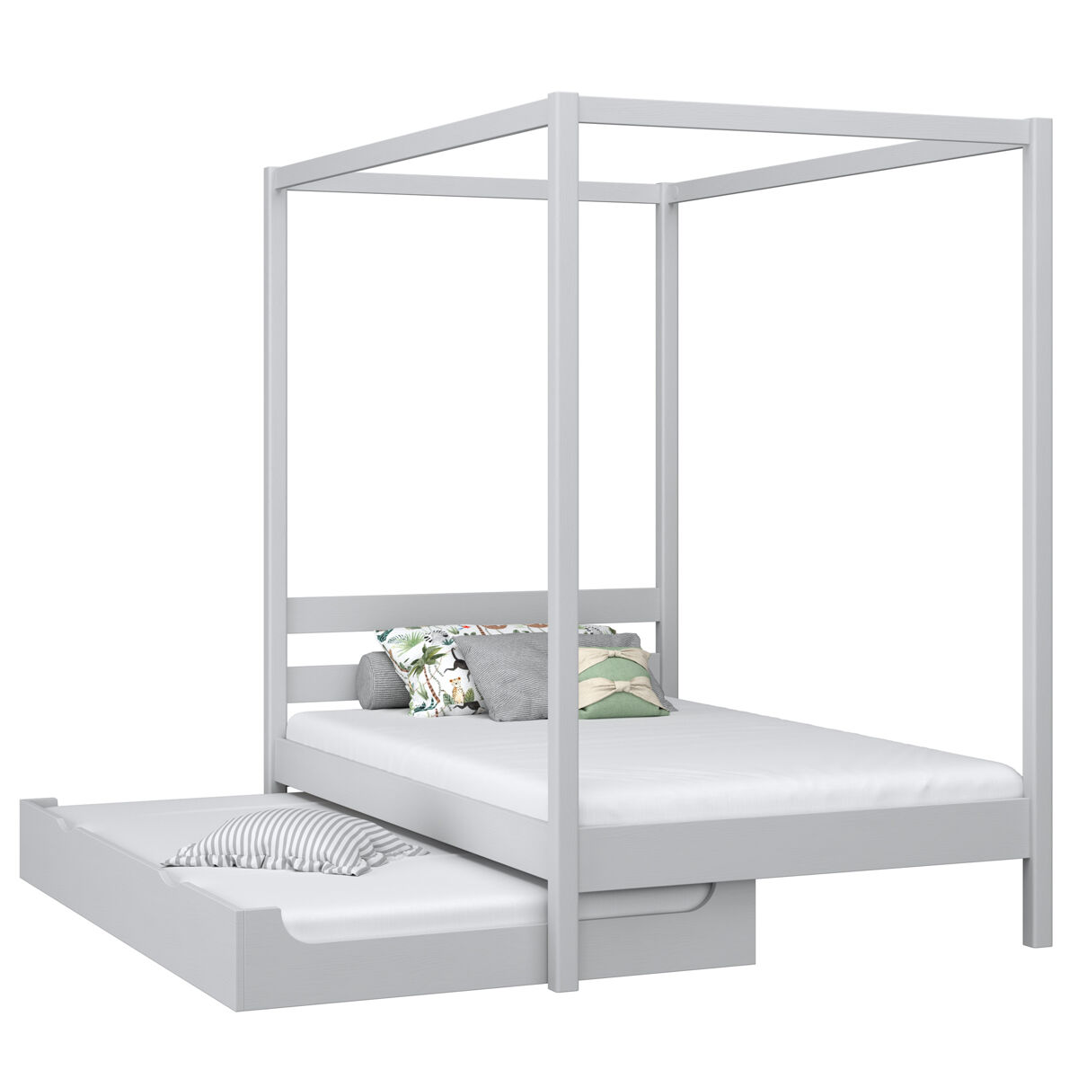 Cama individual de madera con dosel y cajón para colchón n01 gris
