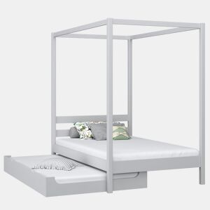 Cama individual de madeira com dossel e gaveta para colchão extra N01 cinza