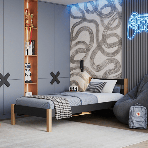 Cama individual de madeira N01 preto e carvalho
