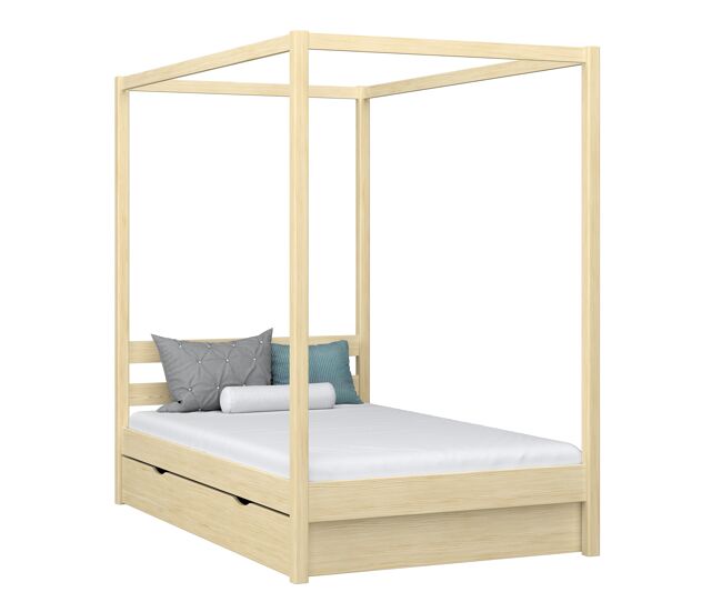 Cama individual de madera con dosel y cajón n01 pino incoloro