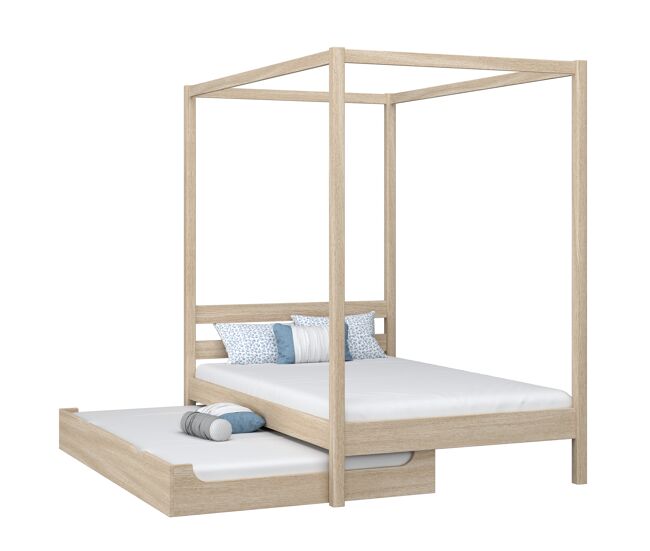Cama individual de roble con dosel y cajón para colchón adicional n01 roble blanqueado