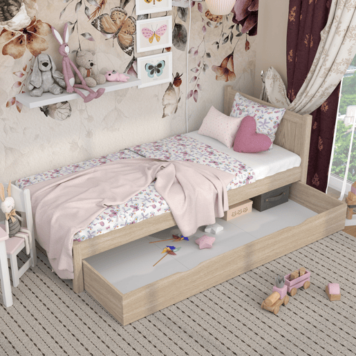 Cama individual de carvalho com gaveta N02 carvalho branqueado
