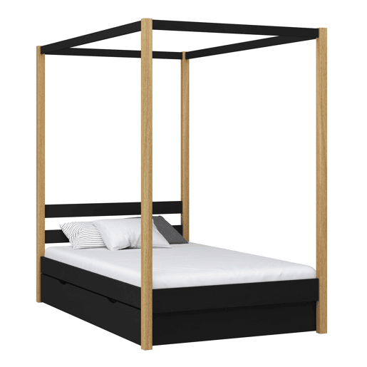 Cama individual de madeira com dossel e gaveta N01 preto e carvalho