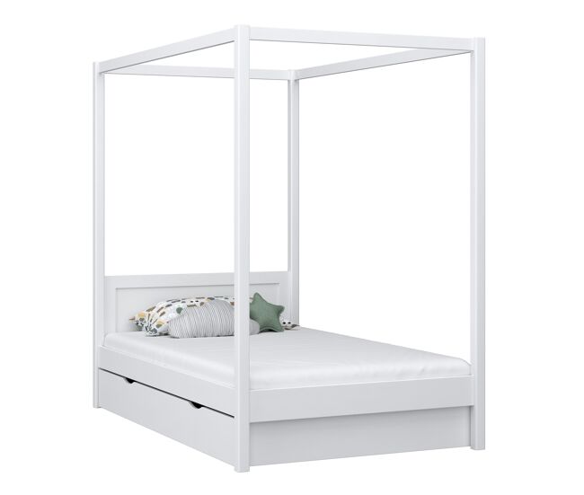 Cama individual de madera con dosel y cajón n02 blanco
