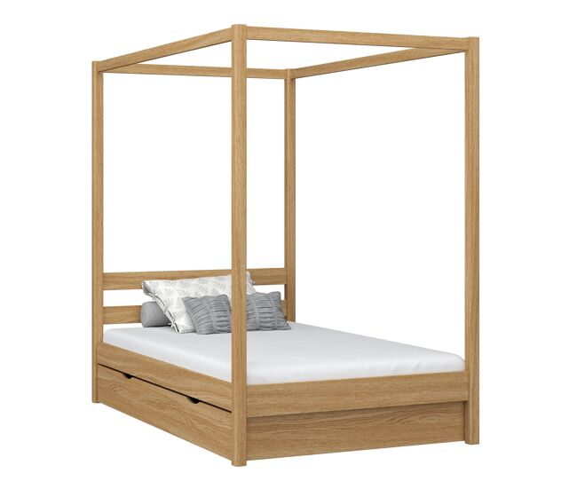 Cama individual de roble con dosel y cajón n01 roble natural