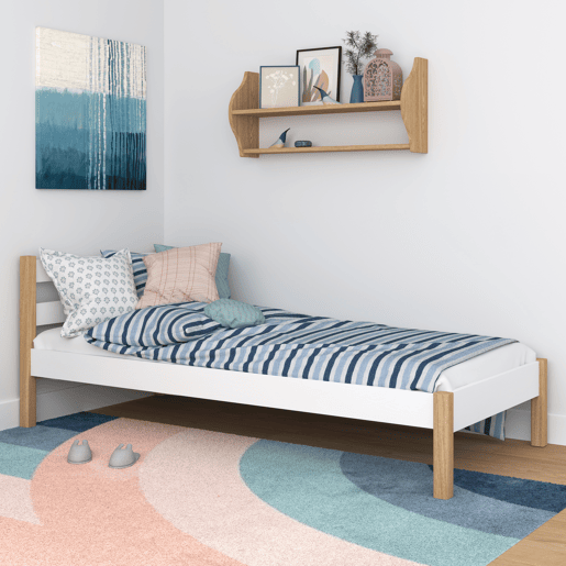 Cama individual de madeira N01 branco e carvalho Cama individual de madeira N01 branco e carvalho