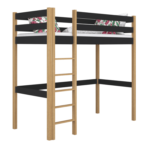 Cama alta de madeira N05 preto e carvalho