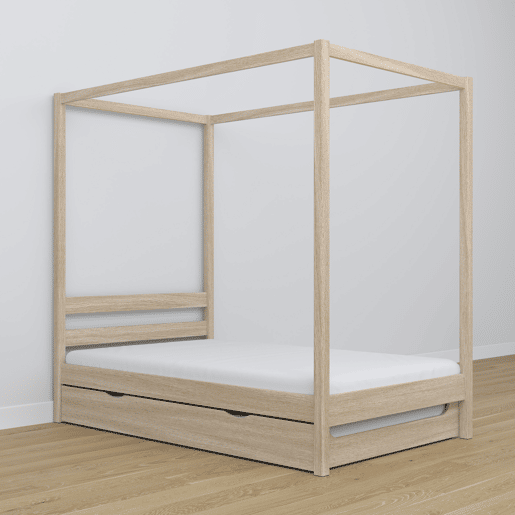 Cama individual de carvalho com dossel e gaveta para colchão adicional N01 carvalho branqueado