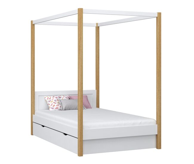 Cama individual de madera con dosel y cajón n02 blanco / roble