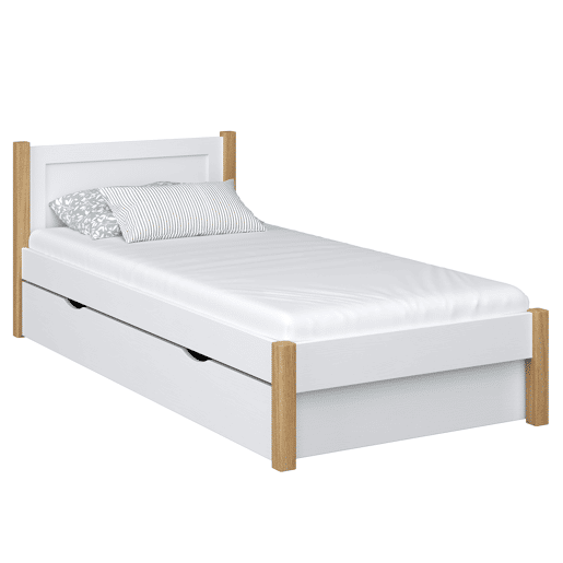 Cama individual de madeira com gaveta N02 branco e carvalho Cama individual de madeira com gaveta N02 branco e carvalho