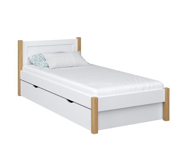 Cama individual de madera con cajón n02 blanco / roble
