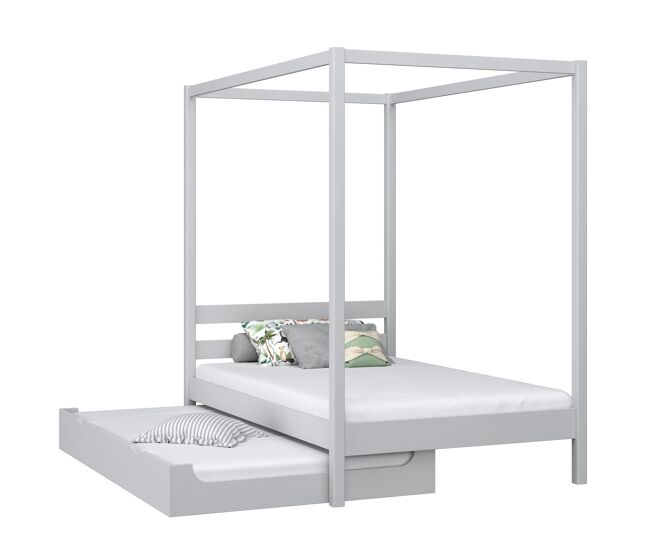 Cama individual de madera con dosel y cajón para colchón n01 gris
