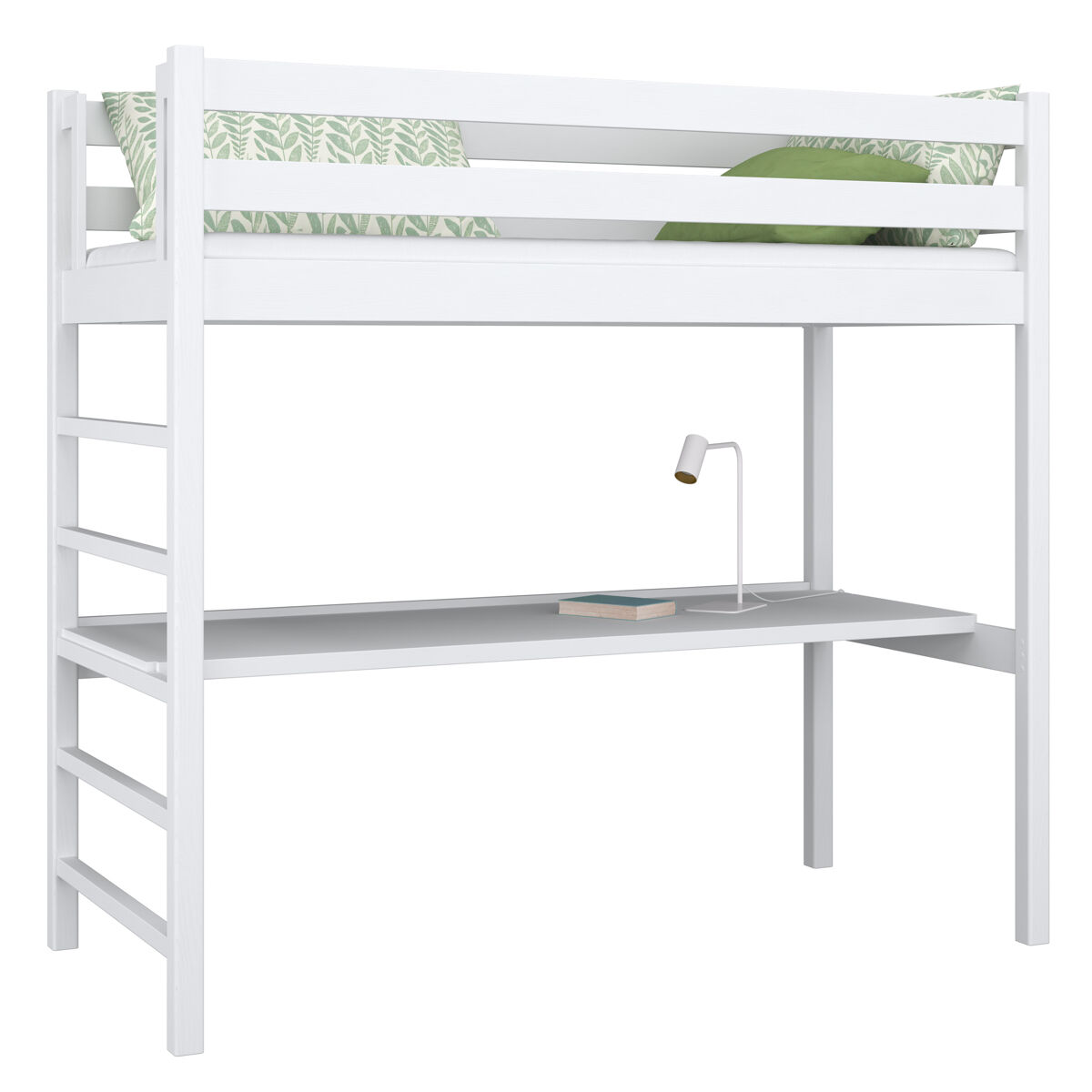 Cama alta de madera con escritorio n01 blanco