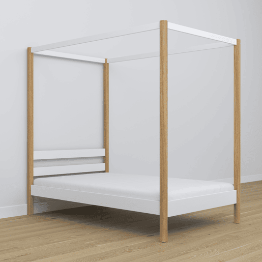 Cama individual de madeira com dossel N01 branco e carvalho Cama individual de madeira com dossel N01 branco e carvalho