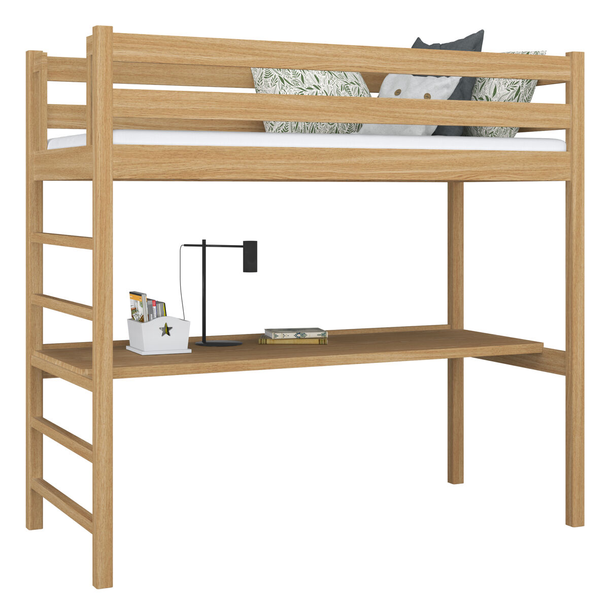 Cama alta de roble con escritorio N01 80x190