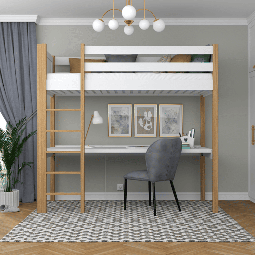Cama alta de madeira com secretária N06 branco e carvalho