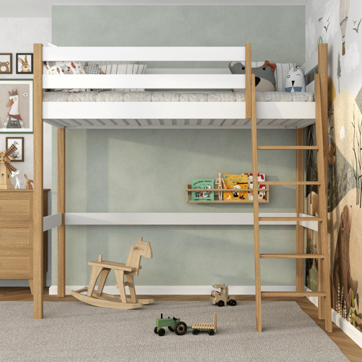 Cama alta de madeira N03 branco e carvalho Cama alta de madeira N03 branco e carvalho