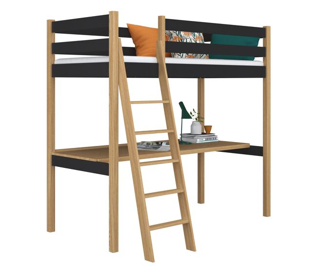 Cama alta de madera con escritorio N03 negro / roble