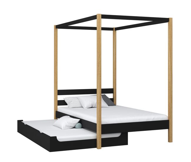 Cama individual de madera con dosel y cajón para colchón n01 negro / roble