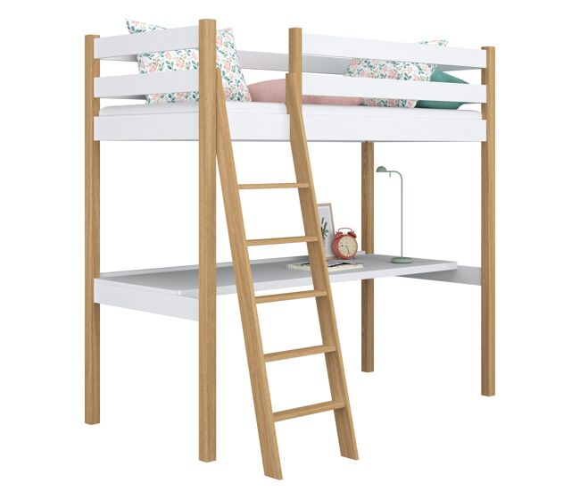Cama alta de madera con escritorio n03 blanco / roble