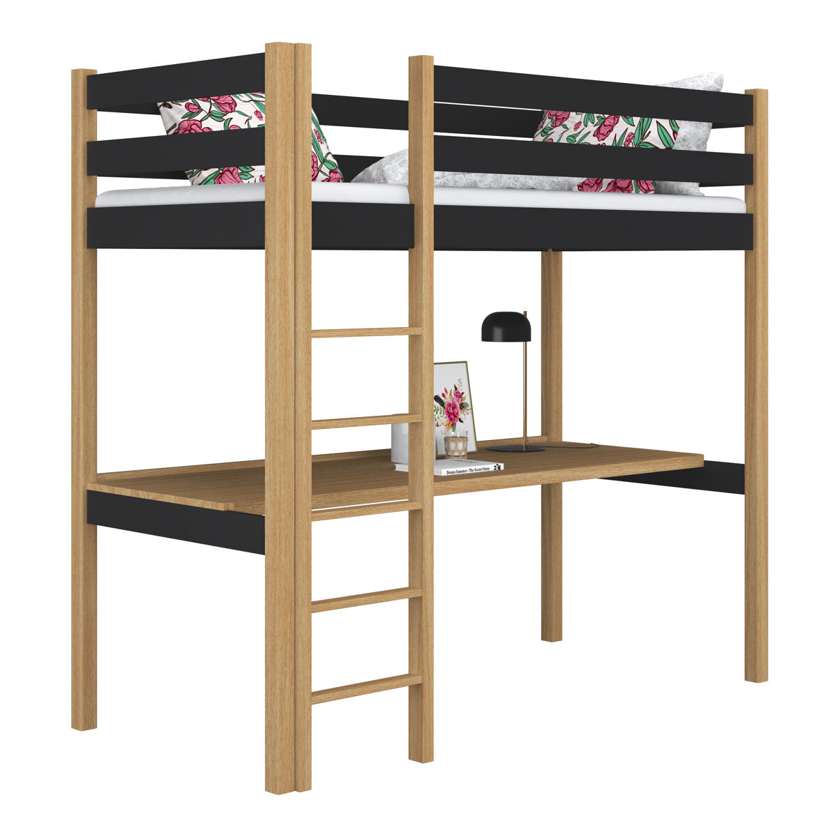 Cama alta de madera con escritorio n05 negro / roble