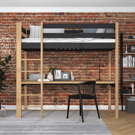 Cama alta de madeira com secretária N05 preto e carvalho