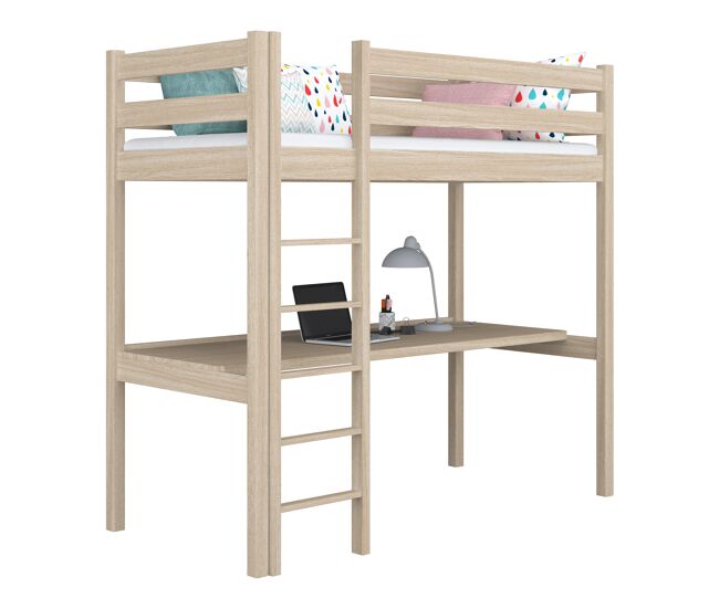 Cama alta de roble con escritorio n05 roble blanqueado