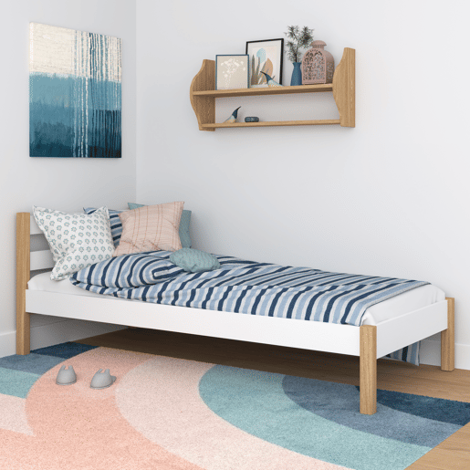 Cama individual de madeira N01 branco e carvalho Cama individual de madeira N01 branco e carvalho
