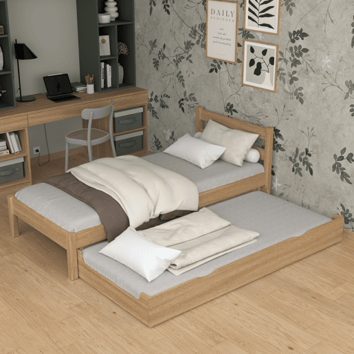 Cama individual de carvalho com gaveta para colchão N01 carvalho natural
