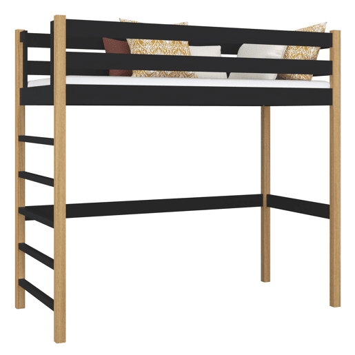Cama alta de madeira N01 preto e carvalho