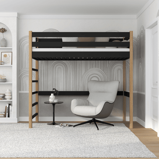 Cama alta de madeira N01 preto e carvalho