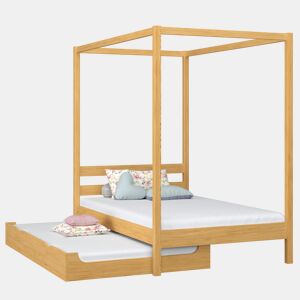 Cama individual de madeira com dossel e gaveta para colchão extra N01 pinho natural