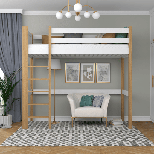 Cama alta de madeira N06 branco e carvalho Cama alta de madeira N06 branco e carvalho