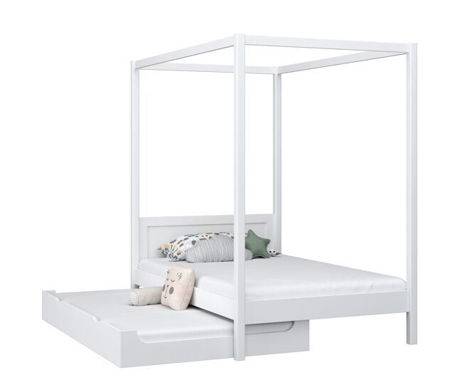 Cama individual de madera con dosel y cajón para colchón n02 blanco