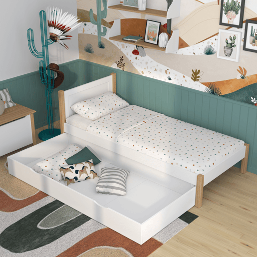 Cama individual de madeira com gaveta N02 branco e carvalho Cama individual de madeira com gaveta N02 branco e carvalho