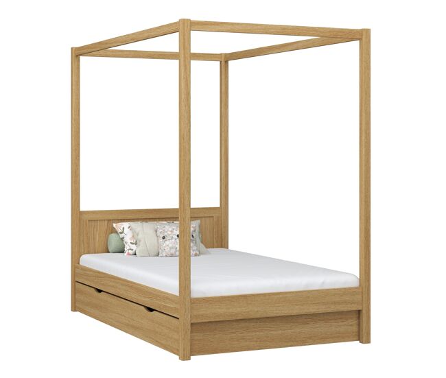 Cama individual de roble con dosel y cajón n02 roble natural