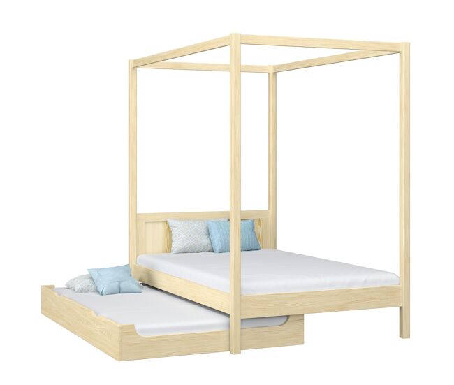 Cama individual de madera con dosel y cajón para colchón n02 pino incoloro
