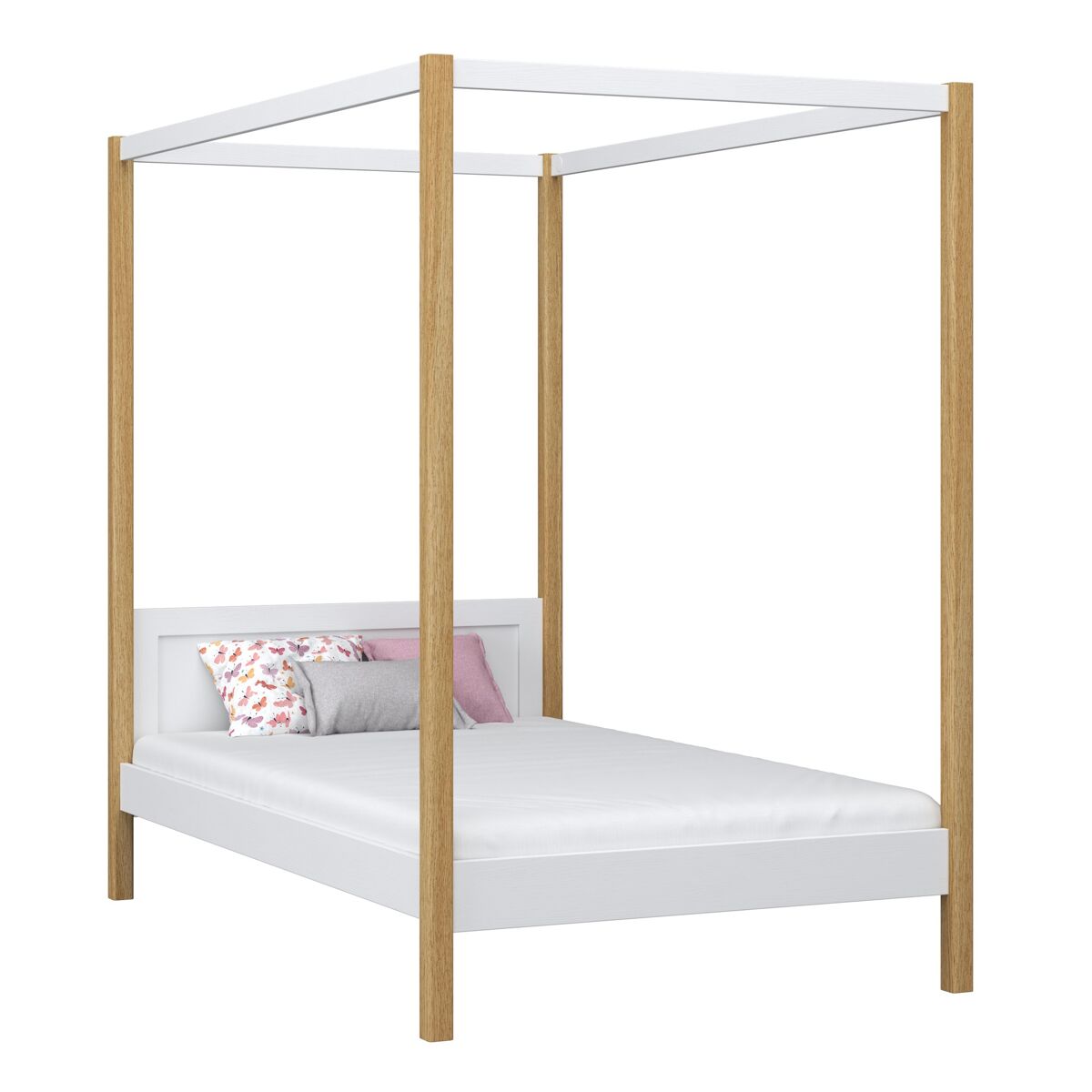 Cama individual de madera con dosel n02 blanco / roble