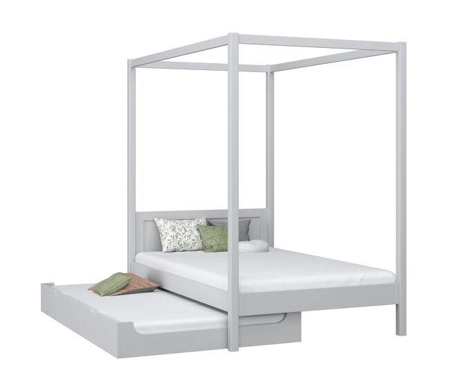 Cama individual de madera con dosel y cajón para colchón N02 gris