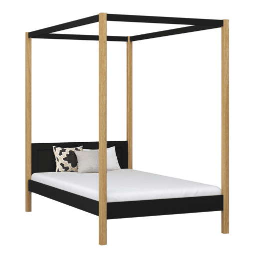 Cama individual de madeira com dossel N02 preto e carvalho