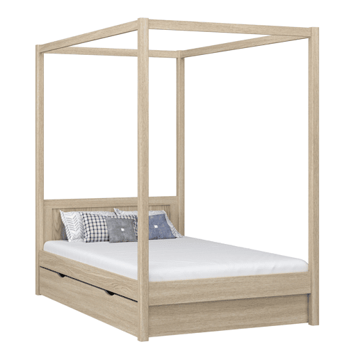 Cama individual de carvalho com dossel e gaveta N02 carvalho branqueado